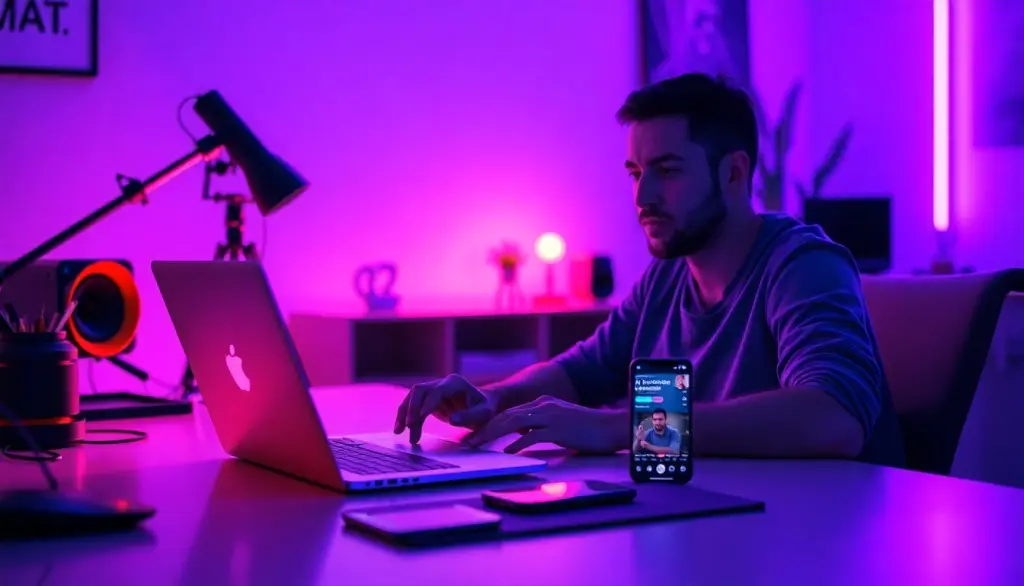 Content creator using AI video generator at night